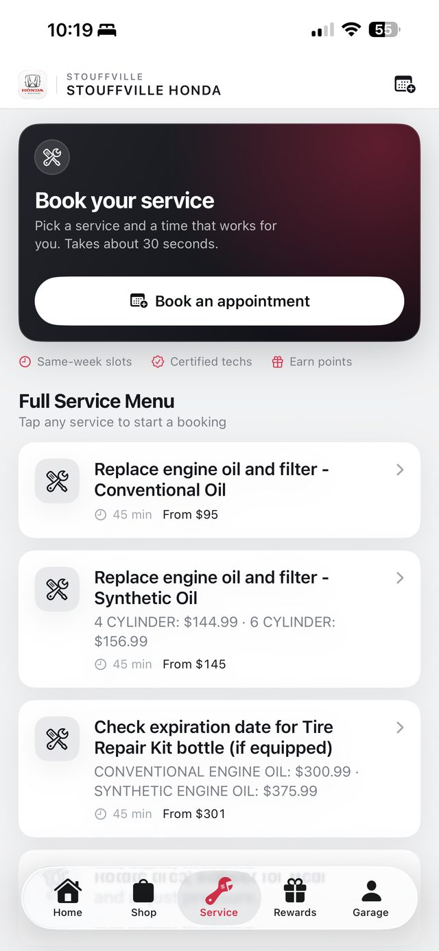 Service screen: full priced service menu and booking